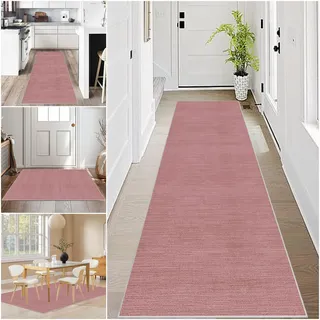 Lang Teppich Läufer Flur rutschfest Küchenteppich Waschbar Teppichläufer Flur 60 x 300 cm Rosa Küchenläufer Eingangsteppich Fußmatte Flurläufer Küche Teppich für Eingang Bettvorleger Schlafzimmer