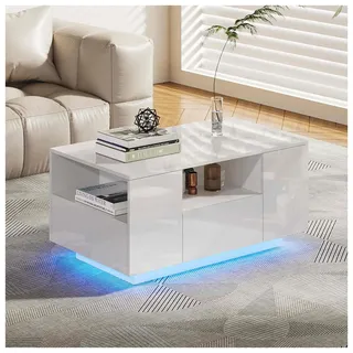 Makika LED Couchtisch / Design Wohnzimmertisch mit Ablagefach und Schubladen - Weiß Hochglanz