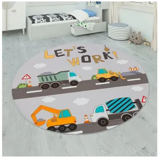 Paco Home Kinderteppich Bino 578, rund, Höhe: 4 mm, Spielteppich, Motiv Autos & Baustelle, Kinderzimmer grau Ø 160 cm x 160 cm x 160 cm x 4 mm