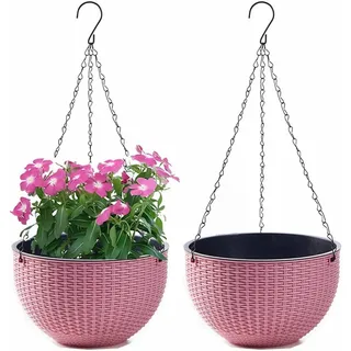 Youning Blumenampel Hängend Außen und Innen Kunststoff Hängetopf für Pflanzen 2 Stück Blumentopf Hängend Hängeampel mit Kette Selbstbewässerung Hängepflanztöpfe für Blume Decken Balkone Garten (Rosa)