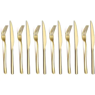 Gold Steak Besteckset 12-Teilig, Premium Edelstahl 6 Tafelgabeln und 6 Tafelmesser-Set, Steakmesser Steakgabeln für 6 Personen, Spülmaschinenfest (Glanzendes Gold)