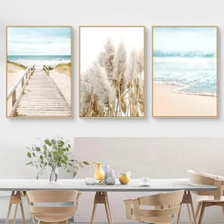 Herfair 3er Poster Set, Boho Beige Natur Strand Pampasgras Bilder, Modern Wandbilder Wanddeko, Vintage Bilder Deko für Wohnzimmer Schlafzimmer-Ohne Rahmen (21x30cm)