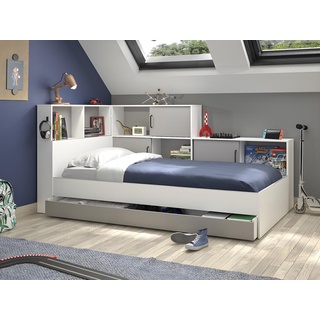 Bett mit Stauraum & Schublade - 90 x 200 cm - Weiß & Grau - ARMAND