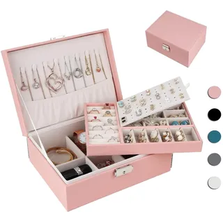 Homtibrm Schmuckkasten, Schmuckkästchen mit 2 Ebenen, PU-Leder Schmuckbox Schmuckschatulle Groß Schmuck Organizer für Ringe Ohrringe Armbänder Halsketten, Rosa