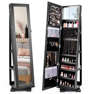 RELAX4LIFE 3-in-1 Schmuckschrank drehbar, mit Ganzkörperspiegel & eingebautem kleinen Spiegel, Spiegelschrank & Schmuckregal, Schrank für Schmuckaufbewahrung, abschließbar (Schwarz)
