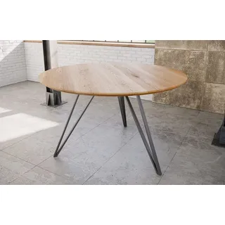 Runder Esstisch 100 cm Dream, Eichenholz geölt, Esszimmertisch mit Schweizer Kante, Hairpin-Gestell Eisen Silber, massiver Holztisch, Tischplatte ... - Braun/Silber