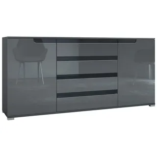 Vladon Sideboard Sylt V2 (Kommode mit 2 Türen und 4 Schubladen, Korpus - Anthrazit matt / Front - Grau Hochglanz), Absetzung - Schwarz Hochglanz (166,5 x 75,5 x 35 cm) grau|schwarz