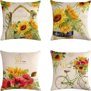 Wasserdichte Dekokissenbezüge, Gelbe Sonnenblumen, Frühling/sommer, Landhausstil, 45 X 45 Cm, 4er-set Für Garten, Wohnzimmer, Sofa, Bank (sonnenblume)
