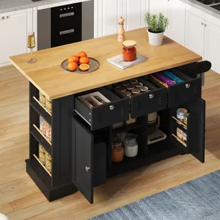 Küchenwagen 132 X 40 X 87 Cm – Klappbare Arbeitsfläche – Mit Schublade, Gewürzhalter, Handtuchhalter – Integrierte Steckdose – Schwarz