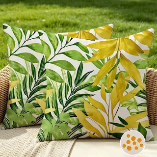 Outdoor Kissen Kissenbezug 50x50 Wasserfest Grün Gelb Tropische Blätter Dekokissen Kissenbezüge Frühling Sommer Sofakissen Dekokissen Kissenhülle Zierkissenbezug für Sofa Wohnzimmer Garten 2er Set