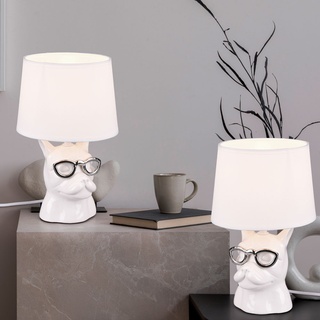 Tischlampe Keramik Nachttischlampe für Schlafzimmer Esszimmerlampe Tischleuchte Modern, Hund mit Brille chrom weiß, Textil, 1x E14 Fassung, DxH 18x29 cm, 2er Set