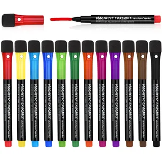BASVII 12 Farben Whiteboard Stifte Abwischbar - Magnetic Whiteboard Marker mit Schwamm für Schnell Trocknend und Reibungsloses Schreiben, Geeignet für Whiteboard Magnetisch, Kühlschrankkalender