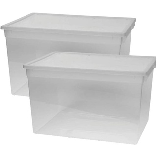 Kreher 2 Stück XXL Aufbewahrungsbox mit Deckel aus transparentem Kunststoff und XXL Stauvolumen! pro Box ca. 50 Liter, Maße: 37,6 x 52 x 31 cm