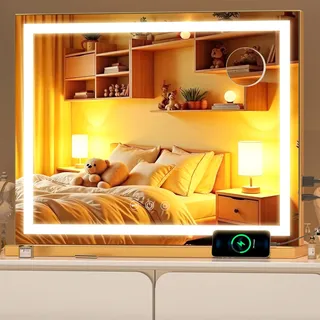 Batuso Kosmetikspiegel mit Lichtern, 58 x 46 cm LED Schminkspiegel mit 10x Vergrößerung und 3 Farbtemperaturen, Touch Control Tischspiegel, 360° Drehung, Make-up Spiegel Gold