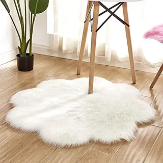 DQMEN Spitzenqualität Lammfellimitat Teppich, Kunstfell Dekofell Lammfellimitat Teppich Longhair Fell Nachahmung Wolle Bettvorleger Sofa Matte (Pflaumenblüte, Weiß, 90 X 90 cm)