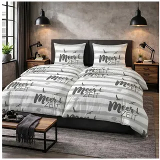 Casa Colori Bettwäsche Renforce Ganzjahres Bettgarnitur 135x200 cm MeerZeit, Renforce, 4 teilig, Meer Zeit Gestreift grau