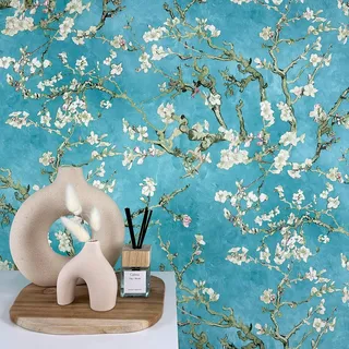 WALLCOVER Tapete Blumen Türkis Van Gogh Floral Blau Mandelblüte Blüte Vintage für Schlafzimmer Küche Wohnzimmer