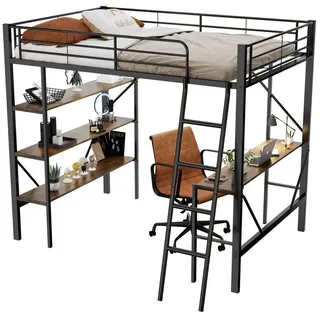 EXTSUD Bettgestell Hochbett 90x200 cm – Metallbett mit Schreibtisch, 3 Ablagen & Geländer (Ein stabiles Geländer um das obere Etagenbett), Hochbett mit Schreibtisch und drei großen Ablagen schwarz