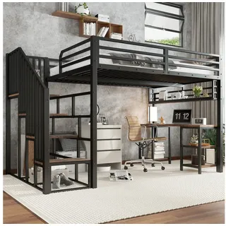 Flieks Hochbett Eisenbett Kinderbett 120x200cm mit Schreibtisch & Stauraum & Treppe schwarz 124 cm x 257 cm x 160 cm