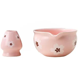 Buhdjfnke Für Tisch Teezeremonie Party Geschenk - 2 Stück Traditionelle Japanische Matcha-Schale und Schneebesenhalter Teeschale mit Weißen Blumen