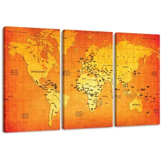 Visario Leinwandbild 150x80 cm 1165 Weltkarte Orange Gelb beschriftet Ländernamen Ozeane Retro 3-teilig Panorama Wandbild Kunstdruck fertig gerahmt auf echtem Holzrahmen modern Wohnzimmer