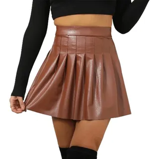 FGRID Damen-Mini-Faltenrock aus Leder, sexy High-Waist-Wet-Look-PVC-Flare-Skaterrock, glänzendes, schmal geschnittenes Party-Cocktail-Kurzkleid,Braun,XXL