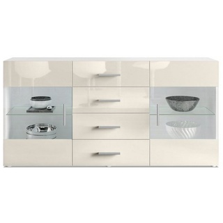 Vladon Sideboard Bari (Kommode mit 2 Türen, ​ 4 Schubladen und 2 flexible Glaseinlegeböden), Weiß matt/Creme Hochglanz (139 x 72 x 35) gelb