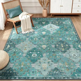 INOVADAY Teppich Wohnzimmer 90x150 cm Boho Waschbarer Teppich Blau/Grün | Moroccan, Kurzflor, Rutschfest, Teppich Schlafzimmer, Esszimmer, OEKO, Weiche, Staubsaugergeeigneter, Haustierfreundlich