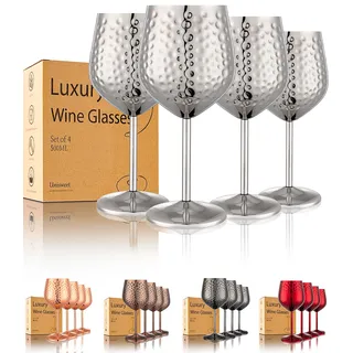 UNISWEET Weingläser aus Edelstahl, unzerbrechlich, Hammerspitze, elegantes, einzigartiges Metall-Weinglas für Outdoor, Reisen, Camping, Pool, Geschenk für Weinliebhaber, 530 ml, 4 Stück (Silber)