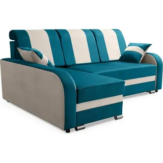 Robin BARI Ecksofa mit Schlaffunktion, Sofa mit Schlaffunktion, Schlafsofa mit Bettkasten und Kissen, Freistehende Eckcouch in L-Form (Türkis Beige) - Türkis/Beige