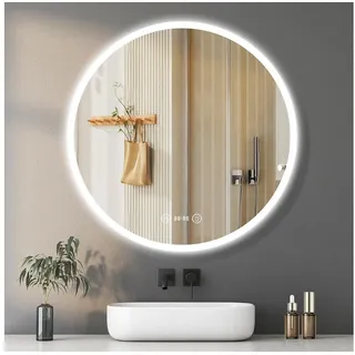 Dripex Badspiegel Rund LED Wandspiegel Badezimmerspiegel Beleuchtung mit Uhr Temperatur Ø 70 cm