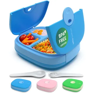 Umami Kids Lunch Box mit Besteck,auslaufsicher,langlebig,Bento-Stil,3 große Fächer,ideale Portionsgrößen für 3 bis 9 Jahre,Kita-Jungen und Mädchen,BPA-frei, mikrowellen- und spülmaschinenfest (blau)