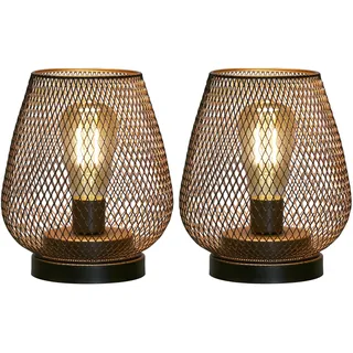 JHY DESIGN 2er Set LED-Laterne aus Metallkäfig Batteriebetriebene Lampe Kabellos 17cm hoch Industrial Wohnzimmer Batterie Tischlampe für Dekorative Drinnen Draußen Hochzeiten(Metallschwarz mit Gold)