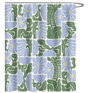 Coonoor Duschvorhang Boho Duschvorhang mit abstraktem, buntem Blumenmuster Breite 180 cm (1-tlg), Vintage Retro Patchwork – Geometrisches Botanisches Design für das Bad blau|grün