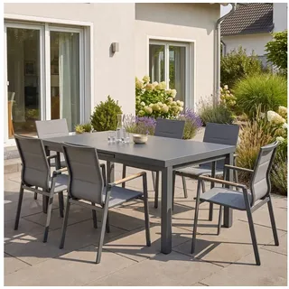 bellavista - Home&Garden® Gartenlounge-Set Gartenmöbel-Set Boston 2 Ausziehtisch 6 Stapelstühle Aluminium, (Set, 7-tlg., 1x Tisch, 6x Stapelstuhl), Aluminium, für 6 Personen, Ausziehtisch, wetterfest - Garten, Terrasse grau
