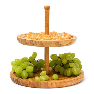 Relaxdays Etagere Bambus, Hxd: 25 x 25 cm 2-stöckige Obstetagere, für Gebäck, Snacks, Nüsse, Servierplatte, natur