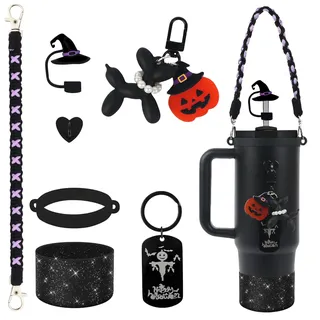 BELSITA Halloween Stanley Tassen-Zubehör-Set, schwarze Perlen, Hund, Hexenhut, Strohhalm, Wasserflasche, Griff, Gurt, Silikon-Stanley-Becherstiefel, Stanley-Charms für Stanley-Becher mit 30/1,2 l (7