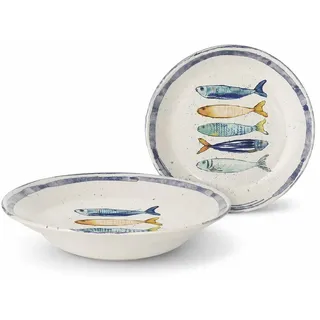 WestCraft Speiseteller Teller, mediterran mit Sardinen-Motiv, Maritime Pastateller 29 cm, (2 St), 2er Set, hochwertig und robust - langlebig und vielseitig einsetzbar weiß