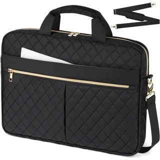 vsshe Laptoptasche Damen Business 15,6 Zoll, Groß Arbeitstasche Handtasche - Wasserdichte Aktentasche Damen mit Polsterung, Reißverschluss-Fächern & Gepäckgurt für Reise, Büro, Schwarze Lederoptik - M