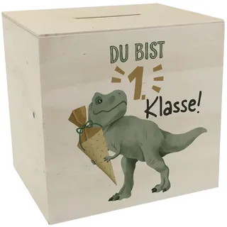 Dino mit Schultüte Spardose aus Holz mit Spruch Du bist 1. Klasse! Perfekt zum Schulanfang Spaß beim Sparen Taschengeld sammeln Ideal zur Einschulung als Belohnung
