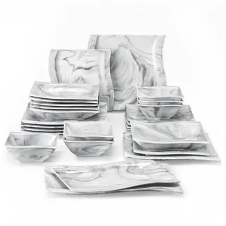 MALACASA Geschirr-Set Tafelservice FLORA für 6/4 Personen Marmor Geschirrset (26-tlg), 6 Personen, Porzellan grau
