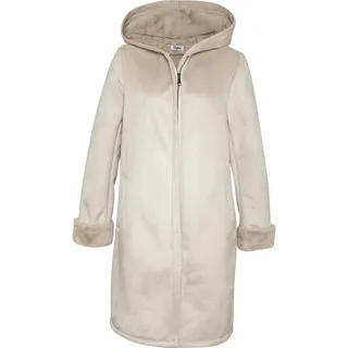 Lederimitatmantel BUFFALO "aus weichem Velourlederimitat mit flauschiger Innenseite", Damen, Gr. 42, beige, Velours, Obermaterial: 100% Polyester. Futter: 100% Polyester, unifarben, gerade kniefrei, ohne Ausschnitt, Mäntel, Übergangsmantel, Kurzmantel mit Kapuze, weiches Fellimitat innen