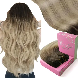 YoungSee 100g Tressen Echthaar Dunkelbraun Echthaar Tressen Braun Balayage Blond 35cm Echthaar Tressen zum Einnahen Tressen Extensions Echthaar Weave Extensions Echthaar Weft Extensions #4/14/60