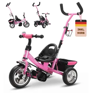 Spielwerk® Dreirad 2in1 mit Schubstange ab 1 Jahr Getränkehalter Kinderdreirad Klappbare Fußablage Baby Buggy Laufrad Kinderwagen Kleinkind Rosa