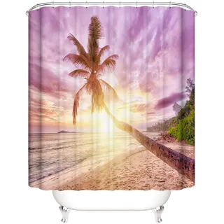 OCEUMACO 3D Strand Motiv Duschvorhang 180x180 Lila Meer Landschaft Shower Curtains Textil Antischimmel Wasserdicht Palmen Sonnenuntergang Duschvorhänge Badewanne Stoff aus Polyester Waschbar