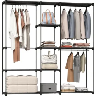 Stoffkleiderschrank mit 8 Regalböden und 3 Kleiderstangen, 182x43x185 cm, Schwarz - 120 kg belastbar - 16 mm Stahlrohr - werkzeugloser Aufbau - Schwarz