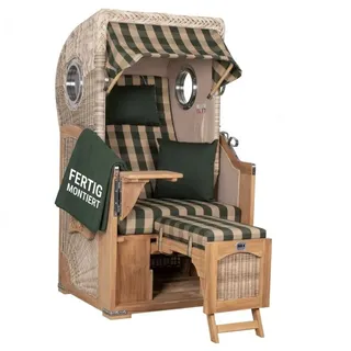 MR.DEKO Strandkorb 1-Sitzer Single Teak Shell Volllieger mit Bullaugen, BxTxH: 96x80x165 cm, Vollieger, Düne Single, (Fertig montierter Strandkorb für Garten, Terrasse & Balkon, 1-tlg), Wetterfester Volllieger mit Edelstahlbeschlägen & waschbaren Polstern grün