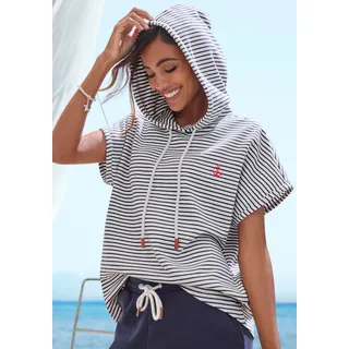 Sweatshirt H.I.S, Damen, Gr. 40/42, blau (marine, sanftes weiß), Sweatware, Obermaterial: 60% Baumwolle, 40% Polyester, gestreift, bequem hüftlang, Rundhals, abgesteppt, Sweatshirts Sweatshirt, gestreift und mit Kapuze, Loungewear
