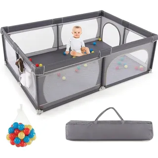 200 x 140 cm Baby Laufstall Faltbar, Laufgitter mit 50 Bällen & Tragetasche, Krabbelgitter für Kinder im Innen- & Außenbereich (Dunkelgrau, ohne... - Dunkelgrau