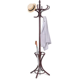 RELAX4LIFE Garderobenständer Holz, Garderobe Aufhänger inkl. 12 Kleiderhaken, Kleiderständer mit Schirmständer, Stabiler Jackenständer, bis 10 kg belastbar, für Mäntel & Hüte & Hosen, 184 cm (Braun)
